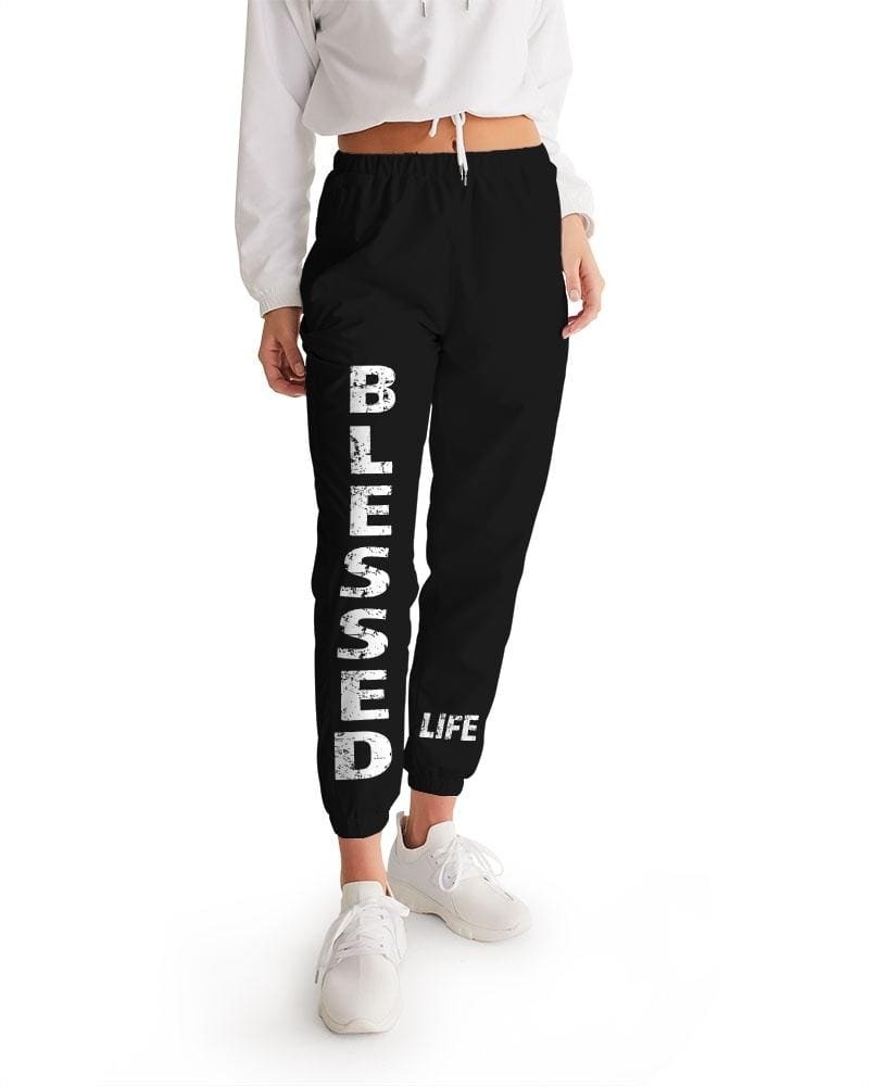 Womens Track Pants - Black and White Blessed Graphic Sports Pants