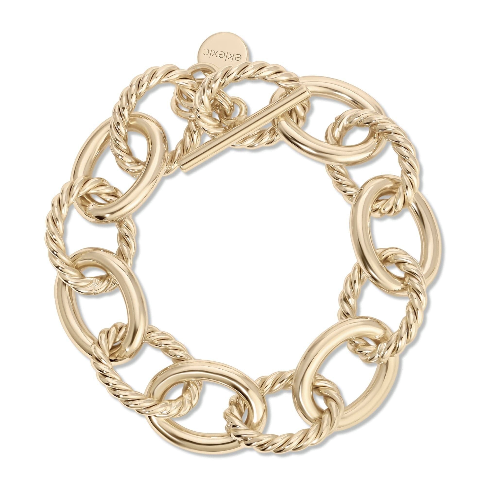 A gold-colored bracelet with twisted link design and a toggle clasp.