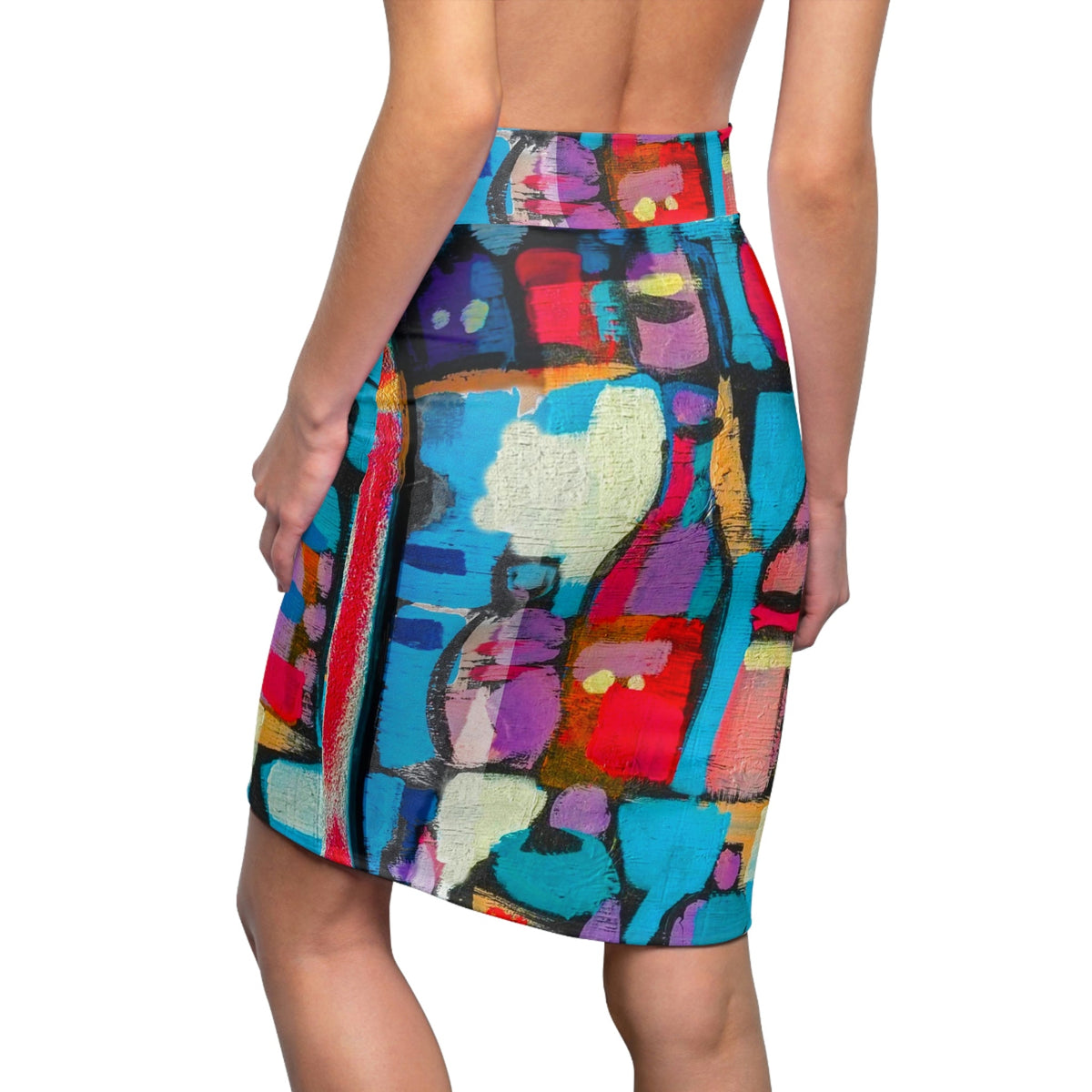 High Waist Womens Pencil Skirt - Contour Stretch, Sutileza Smooth Colorful Abstract Print by inQue.Style