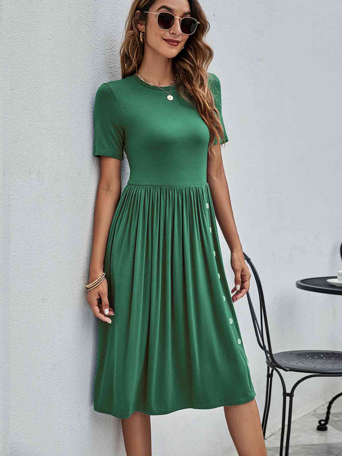 Button Detail Tee Dress with Pockets-green
