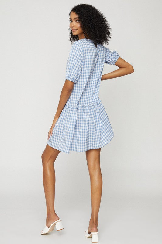 Back view of GINGHAM DROP WAIST DRESS