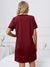 View of the Back of Contrast Trim Round Neck Mini Dress-wine