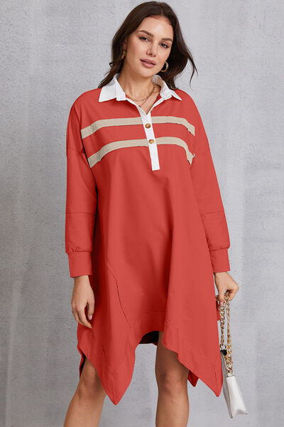Front view of Half Button Handkerchief Hem Dress- red orange 