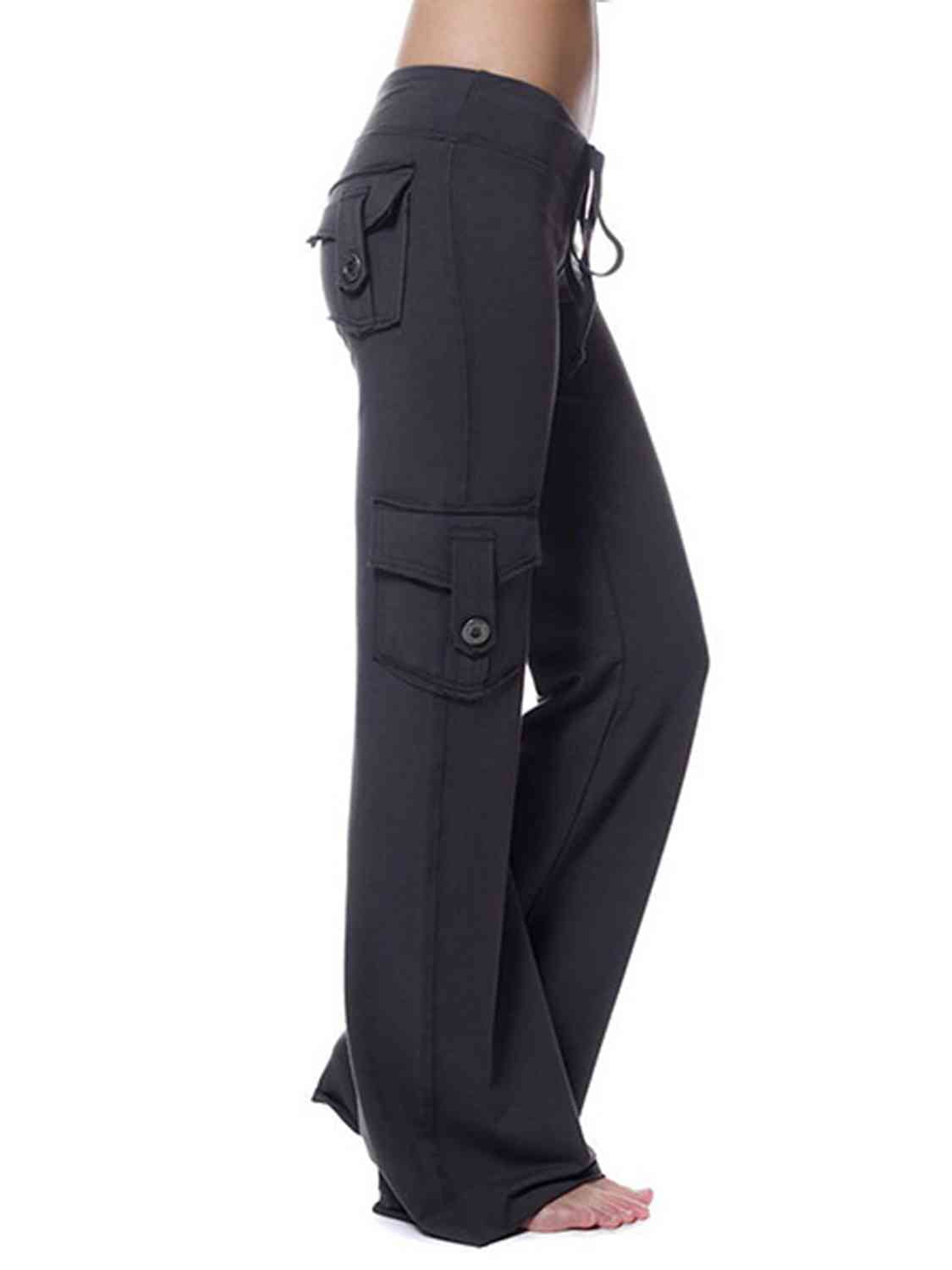 Full side view of Mid Waist Pants with Pockets-black