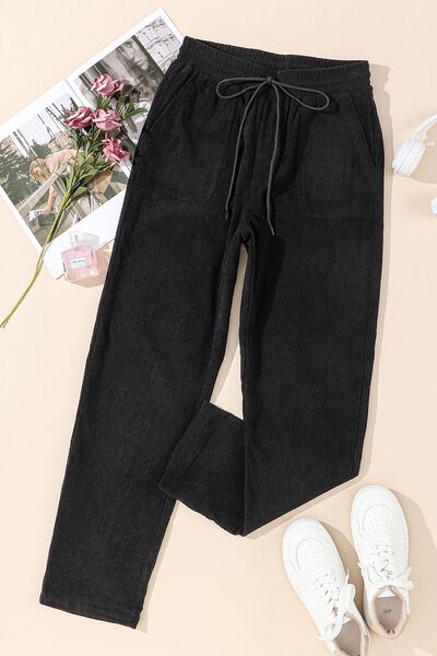Drawstring Straight Pants with Pockets-black