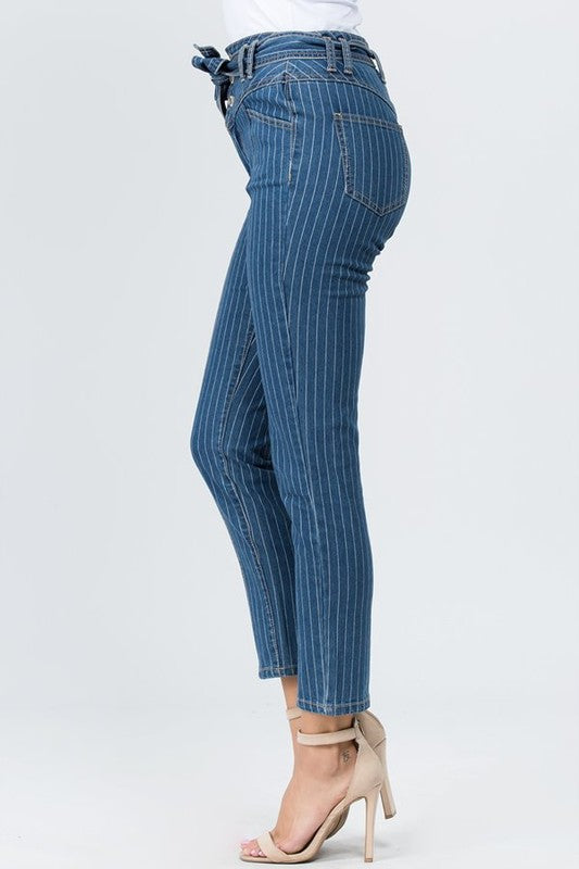 STRIPED SKINNY ANKLE LENGTH DENIM W/ BELT