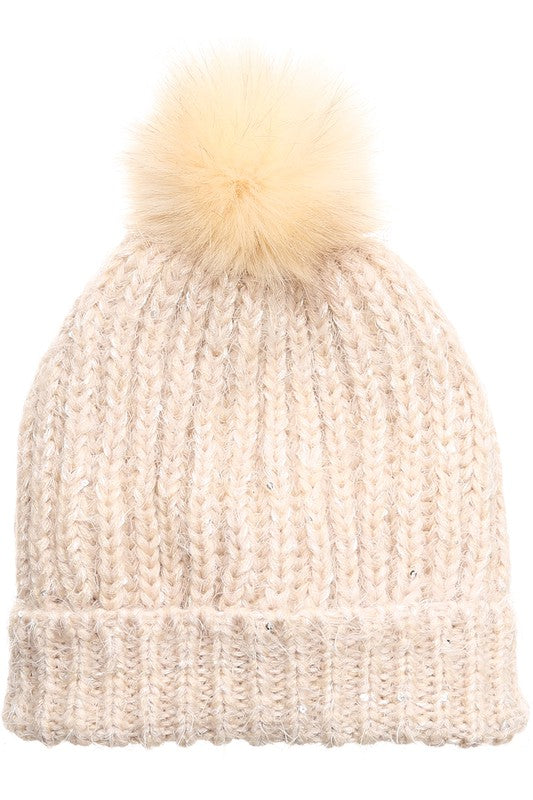 Women&#39;s Sequin Cable Knit Sherpa Lined Beanie Hat