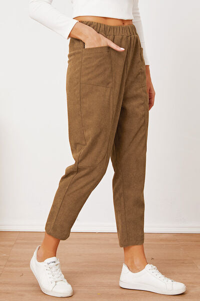 Side view showing pocket of Pocketed Elastic Waist Pants-brown