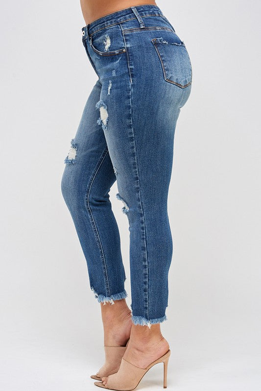 PLUS SIZE HIGH RISE DISTRESSED ANKLE SKINNY