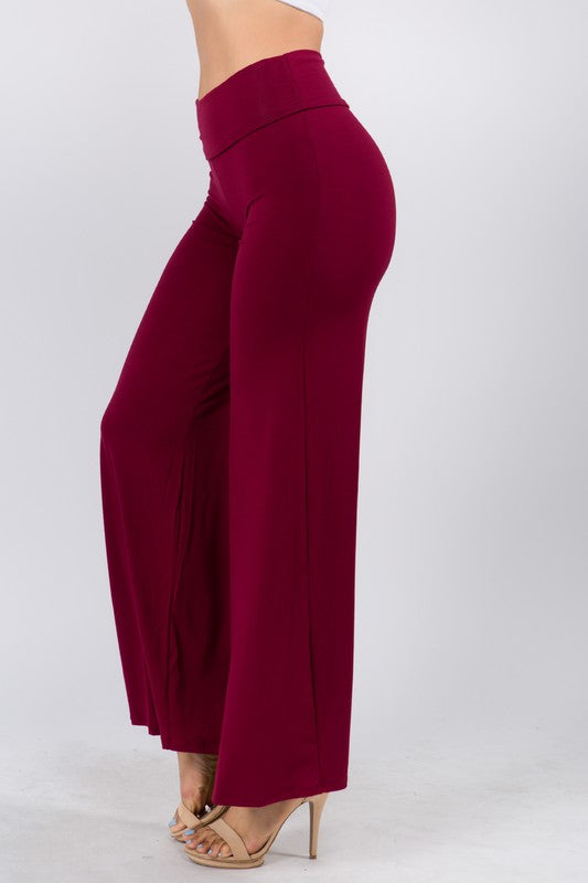 Side view of SOLID HIGH WAIST WIDE LEG PANTS-burgundy