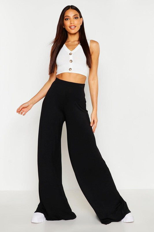 Front view of SOLID HIGH WAIST WIDE LEG PANTS-black