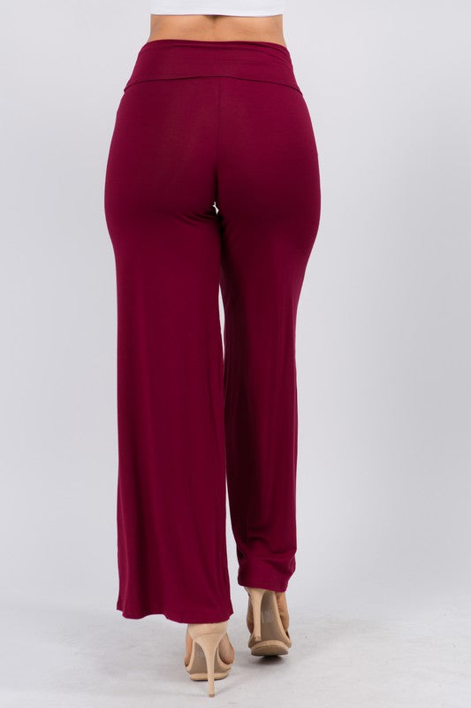 Back view of SOLID HIGH WAIST WIDE LEG PANTS-burgundy