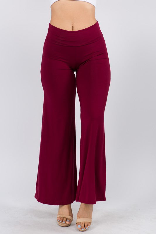 Close up front view of SOLID HIGH WAIST WIDE LEG PANTS-burgundy