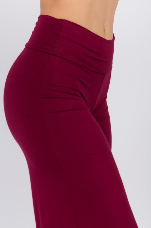 Left side close up view of SOLID HIGH WAIST WIDE LEG PANTS-burgundy
