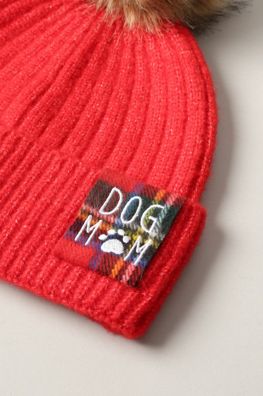 DOG MOM Rib Knit Beanie Hat with Faux Fur Pom
