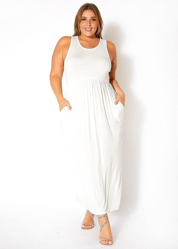 Plus Size Sleeveless Ruched Maxi Dress for Effortless Style White / 1X
