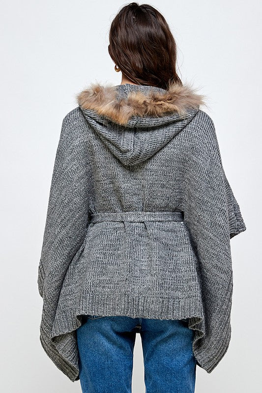 Back view of Hoodie Sweater Cardigan Poncho Fur Trim Top