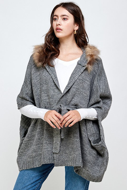 Another front view of Hoodie Sweater Cardigan Poncho Fur Trim Top