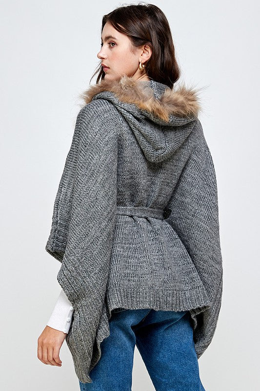 Back view of Hoodie Sweater Cardigan Poncho Fur Trim Top
