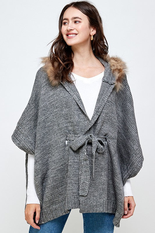 Close up front view of Hoodie Sweater Cardigan Poncho Fur Trim Top