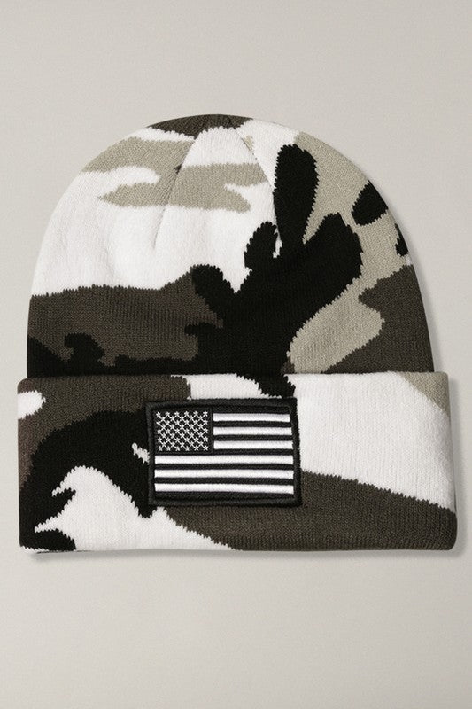 USA Flag Embroidery Patch Cuff Camo Beanie Hat