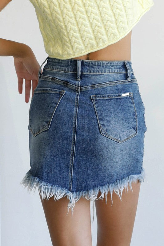 High Waist Long Frayed Hem Mini Denim Skirt