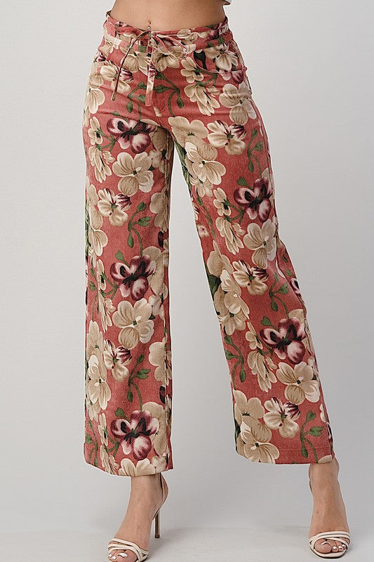Front view of LIGHT WEIGHT CORDUROY FLORAL WIDE LEG PANTS