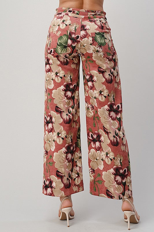 Back view of LIGHT WEIGHT CORDUROY FLORAL WIDE LEG PANTS