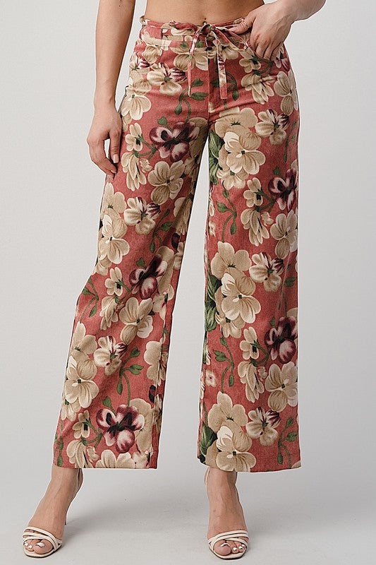 close up view of LIGHT WEIGHT CORDUROY FLORAL WIDE LEG PANTS