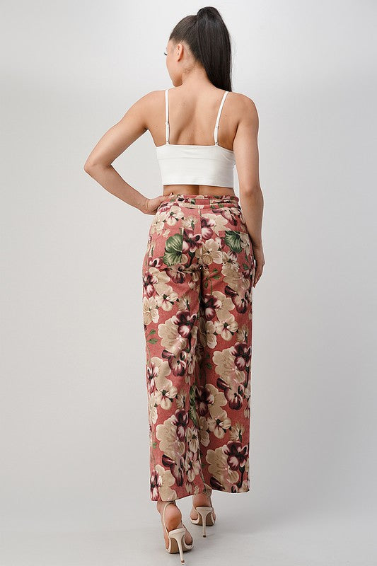 Full view of the back of LIGHT WEIGHT CORDUROY FLORAL WIDE LEG PANTS