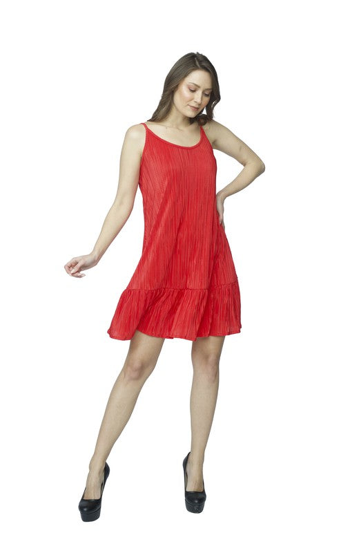 Red Crinkle Spaghetti Strap Flare Dress
