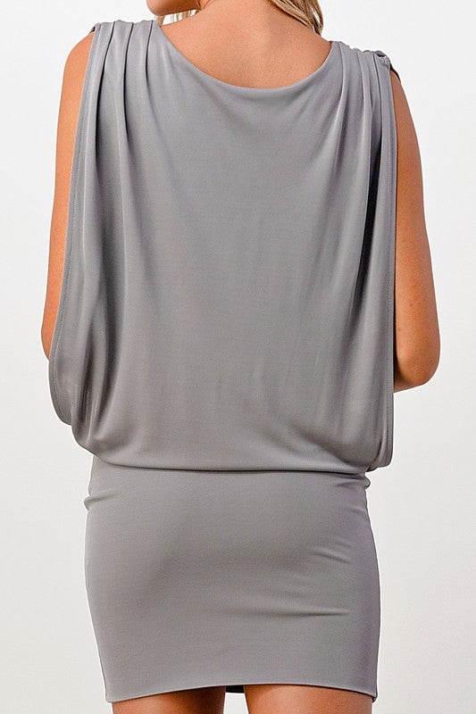 Close up view of back of Double Layered Banded Bottom Mini Dress