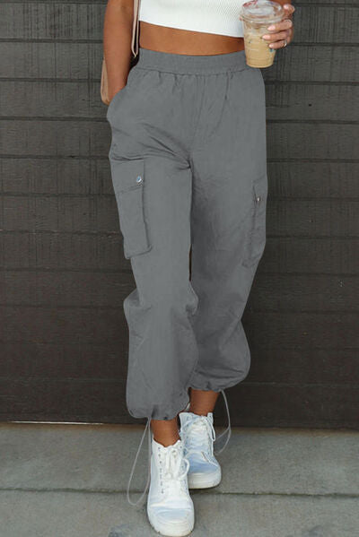 Full view of Drawstring Elastic Waist Pants with Pockets-gray