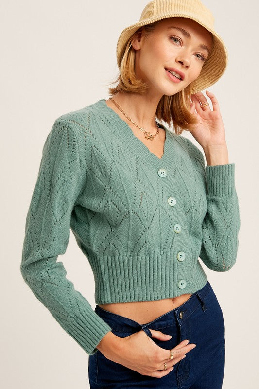 V neck Scallop Edge Button Down Ctop Knit Cardigan - East V neck Scallop Edge Button Down Ctop Knit Cardigan - East