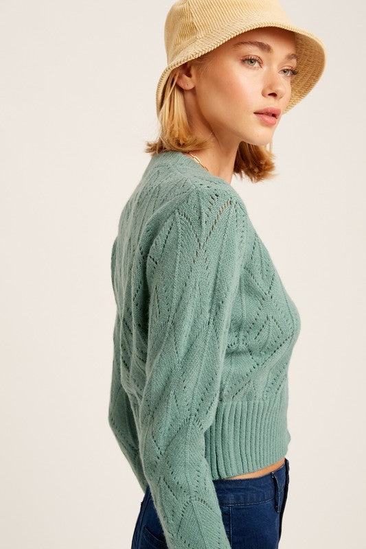 V neck Scallop Edge Button Down Ctop Knit Cardigan - East