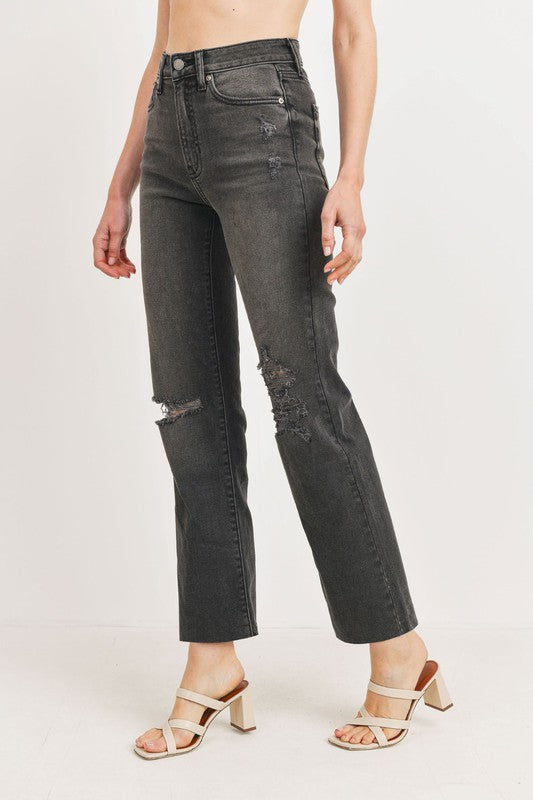 HIGH RISE KNEE BUST STRAIGHT JEANS