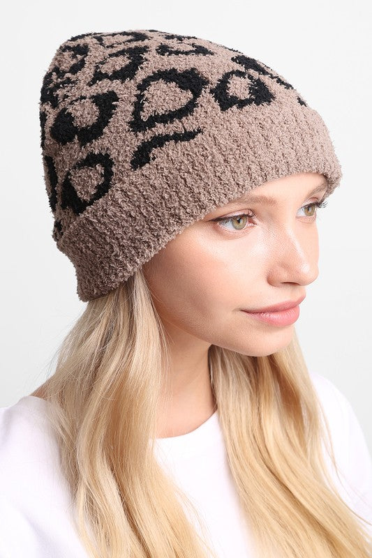 Winter Leopard Print Ribbed Cuff Beanie Hat