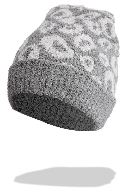 Winter Leopard Print Ribbed Cuff Beanie Hat