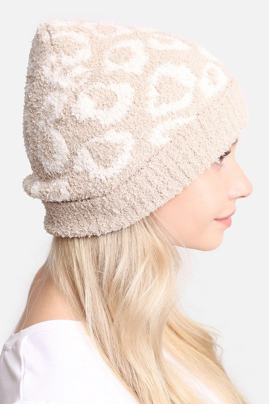 Winter Leopard Print Ribbed Cuff Beanie Hat