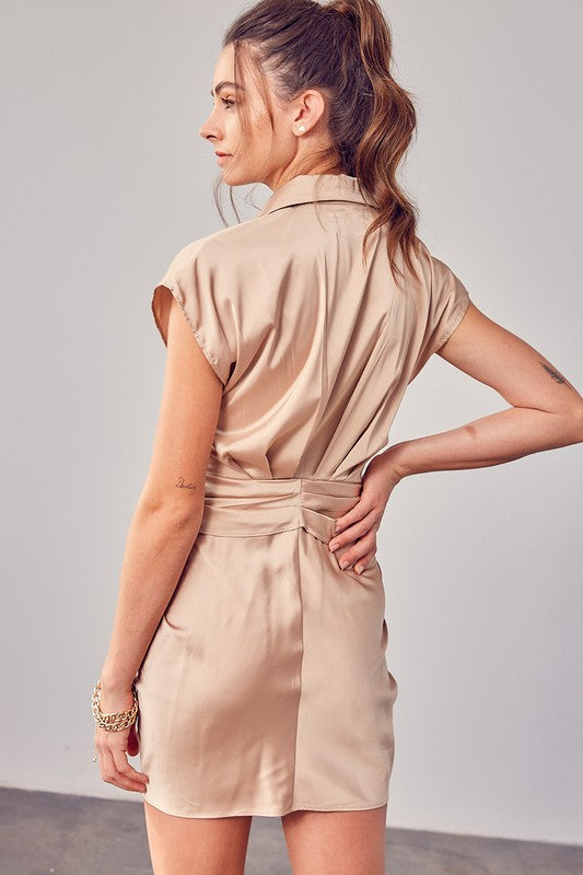 View of the back of COLLAR BUTTON UP FRONT TIE DRESS