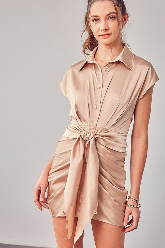 Full view of COLLAR BUTTON UP FRONT TIE DRESS