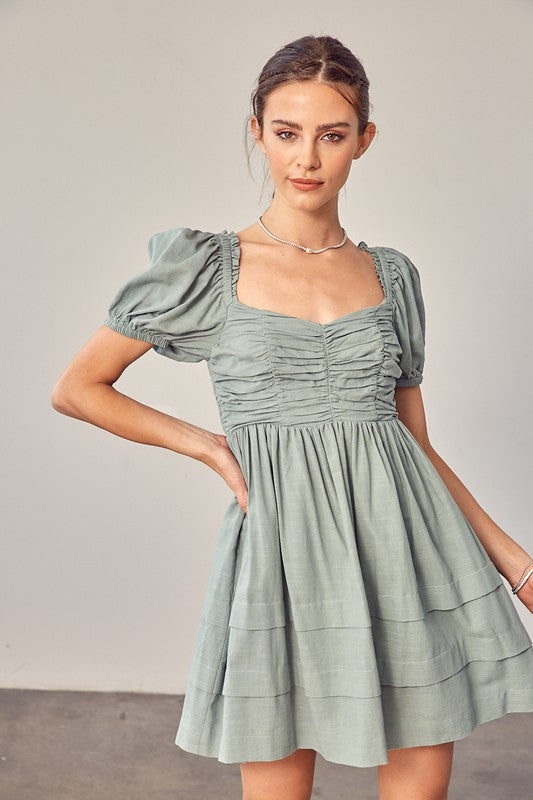 Full view of FRONT RUCHED DETAIL PUFF SLEEVE DRESS