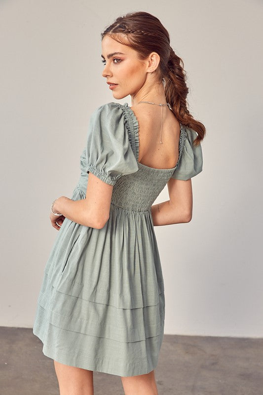 Model showing back of FRONT RUCHED DETAIL PUFF SLEEVE DRESS