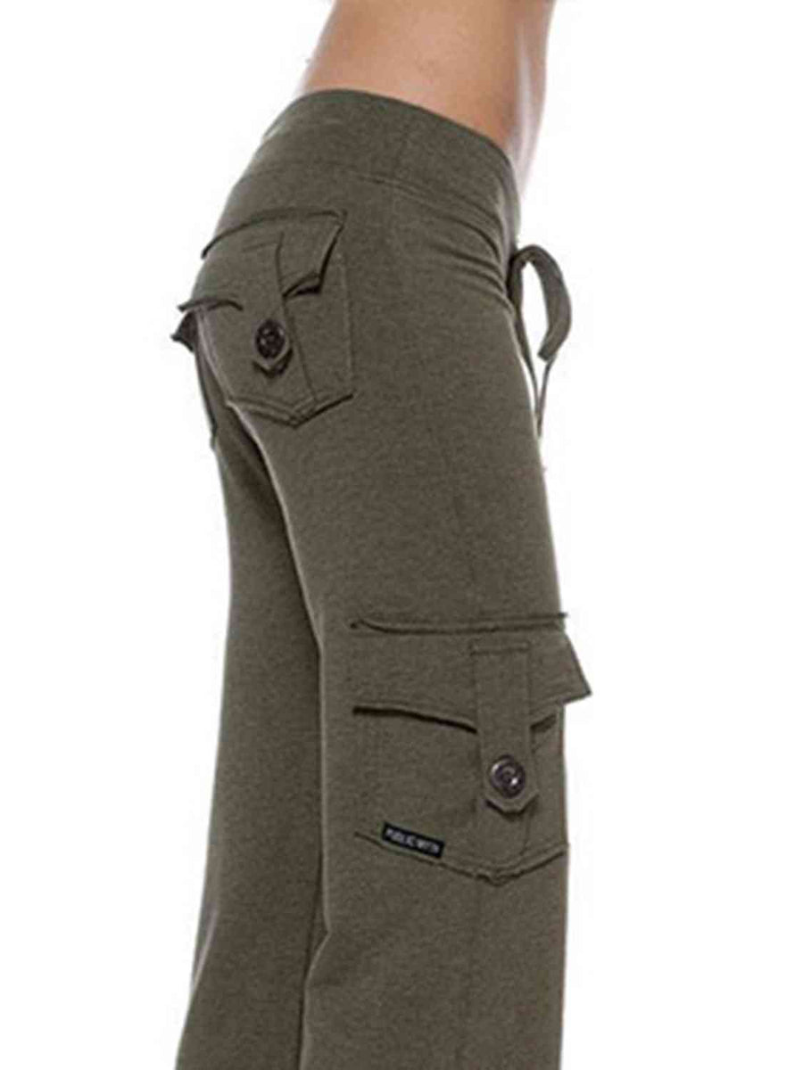 Zoom in side view of Mid Waist Pants with Pockets-olive