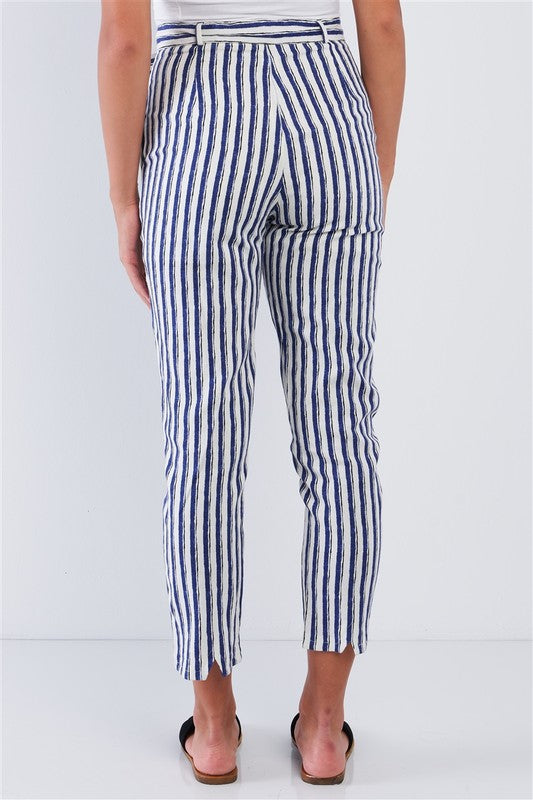 Navy Striped Tapered Belted Capri Pant