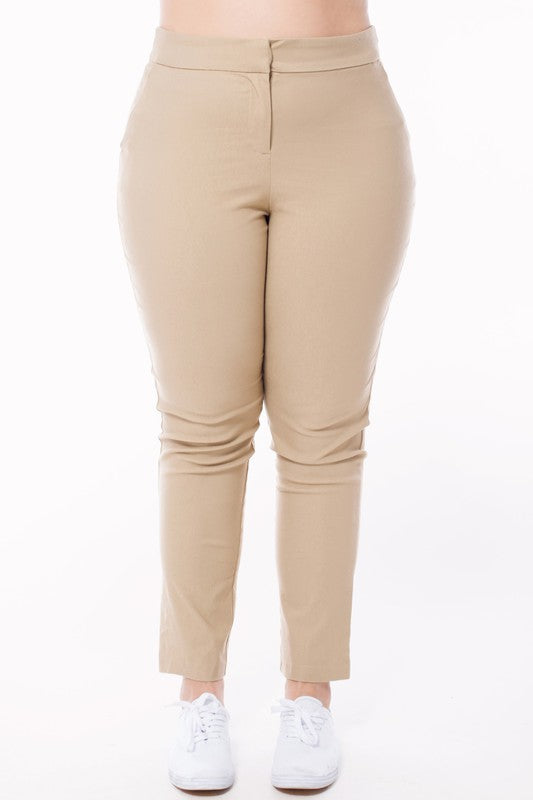 close up front view of Ultra Comfy Stretchy Office Slacks-taupe