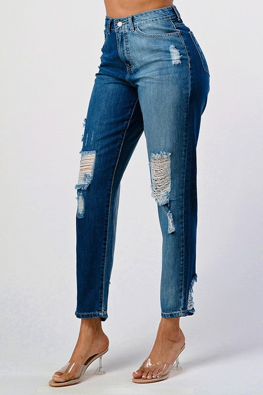 DISTRESSED TWO TONE WASH BAGGY MOM JEAN