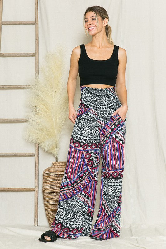 View of pocket of Smocked Wide Leg Pants-multi combo