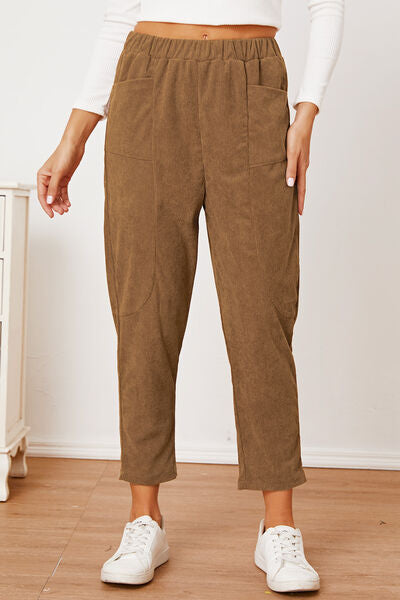 Front view of Pocketed Elastic Waist Pants-brown