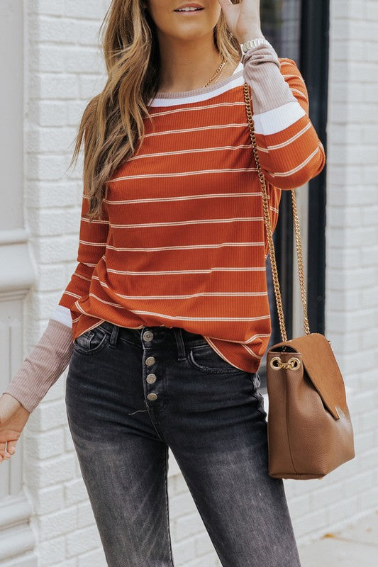 Brown Ribbed Knit Striped Top